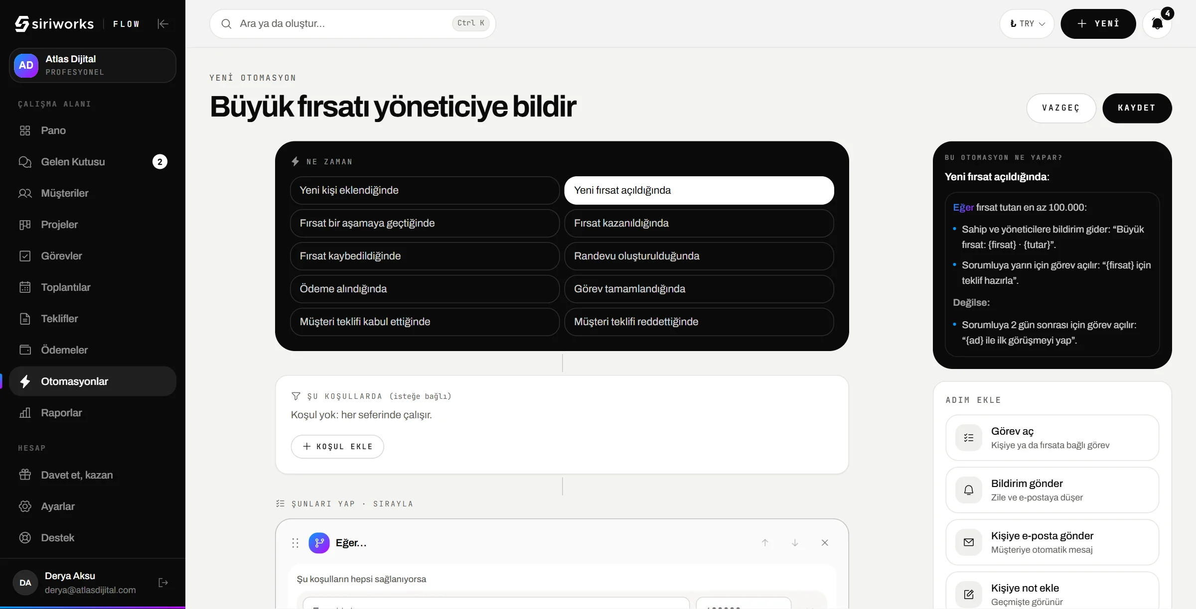 Flow otomasyon oluşturucu: tetikleyici, koşullar ve adımlar