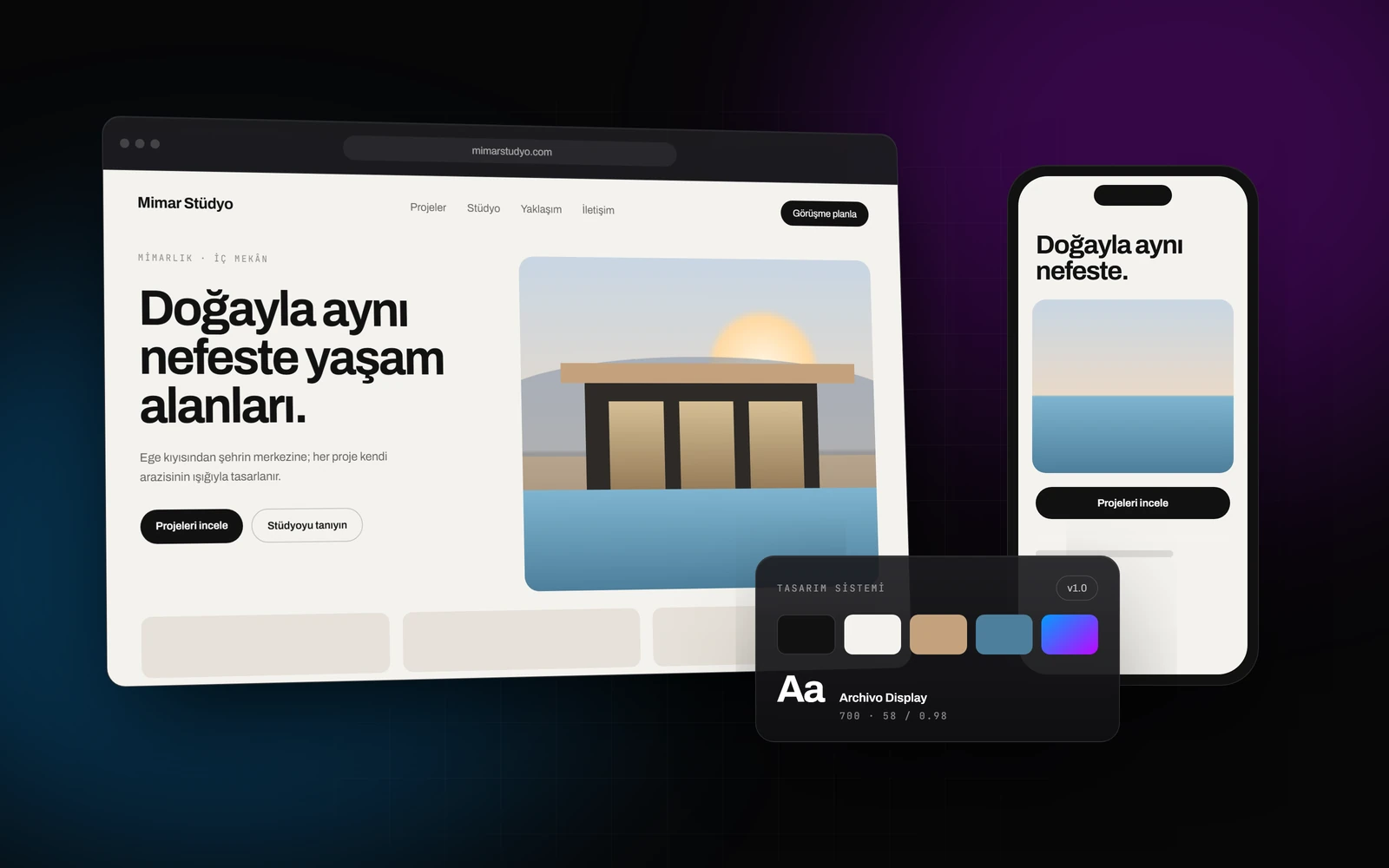 Web sitesi tasarımı: masaüstü ve mobilde açık bir mimarlık sitesi tasarımı ve tasarım sistemi kartı